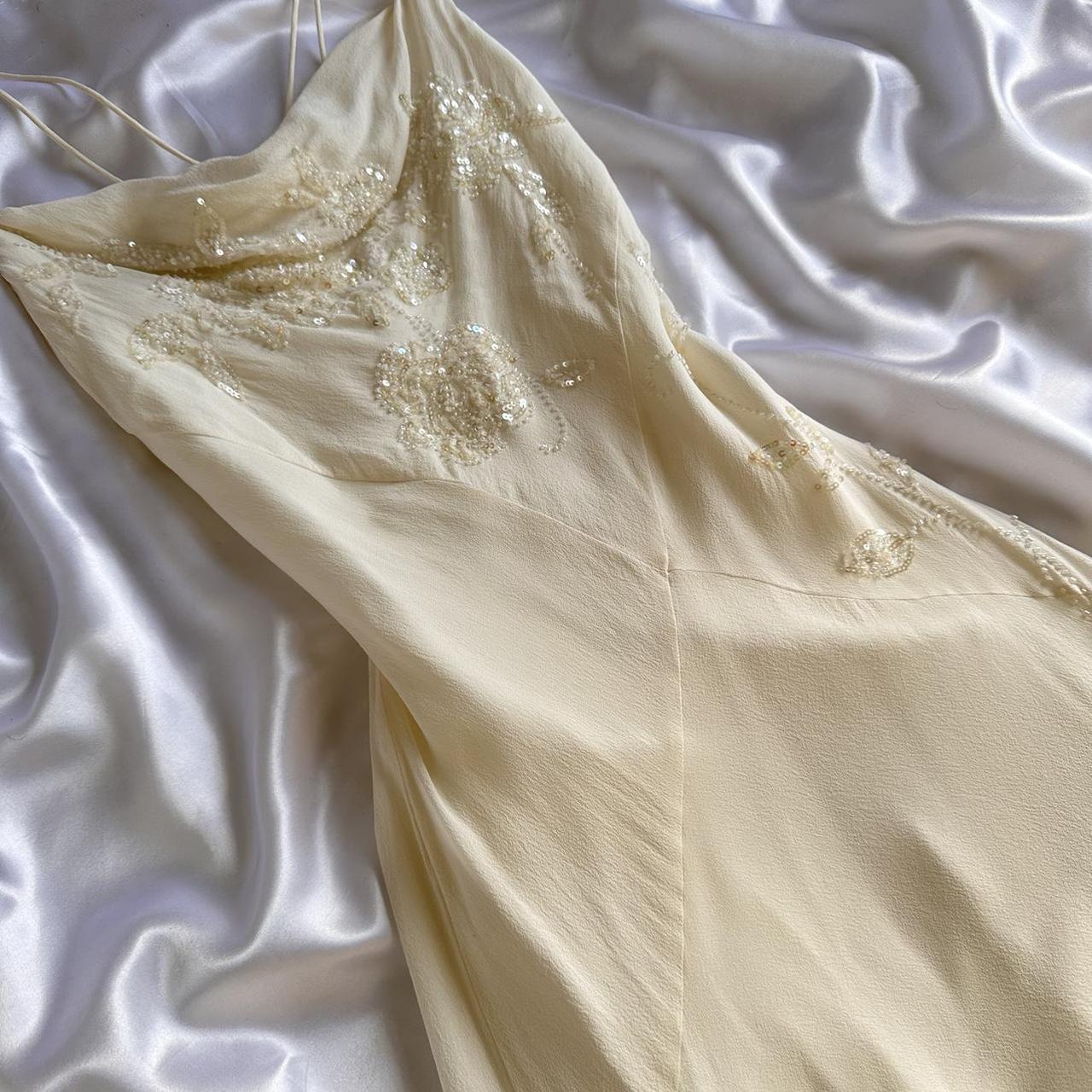 Elfenbein glänzendes, modisches, edles, hübsches, exquisites, perlenbesetztes, langes, bodenlanges Chiffon-Kleid, handgefertigt, individuell, Ballkleid, Abendkleid, Partykleid, Abschlussballkleid, gh3549