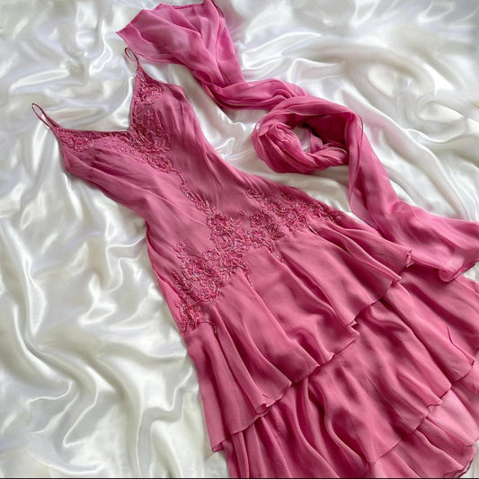 Rosa wunderschöne exquisite elegante Perlen lange Chiffon Rüschen Ballkleid, Abendkleid, Partykleid gh3513