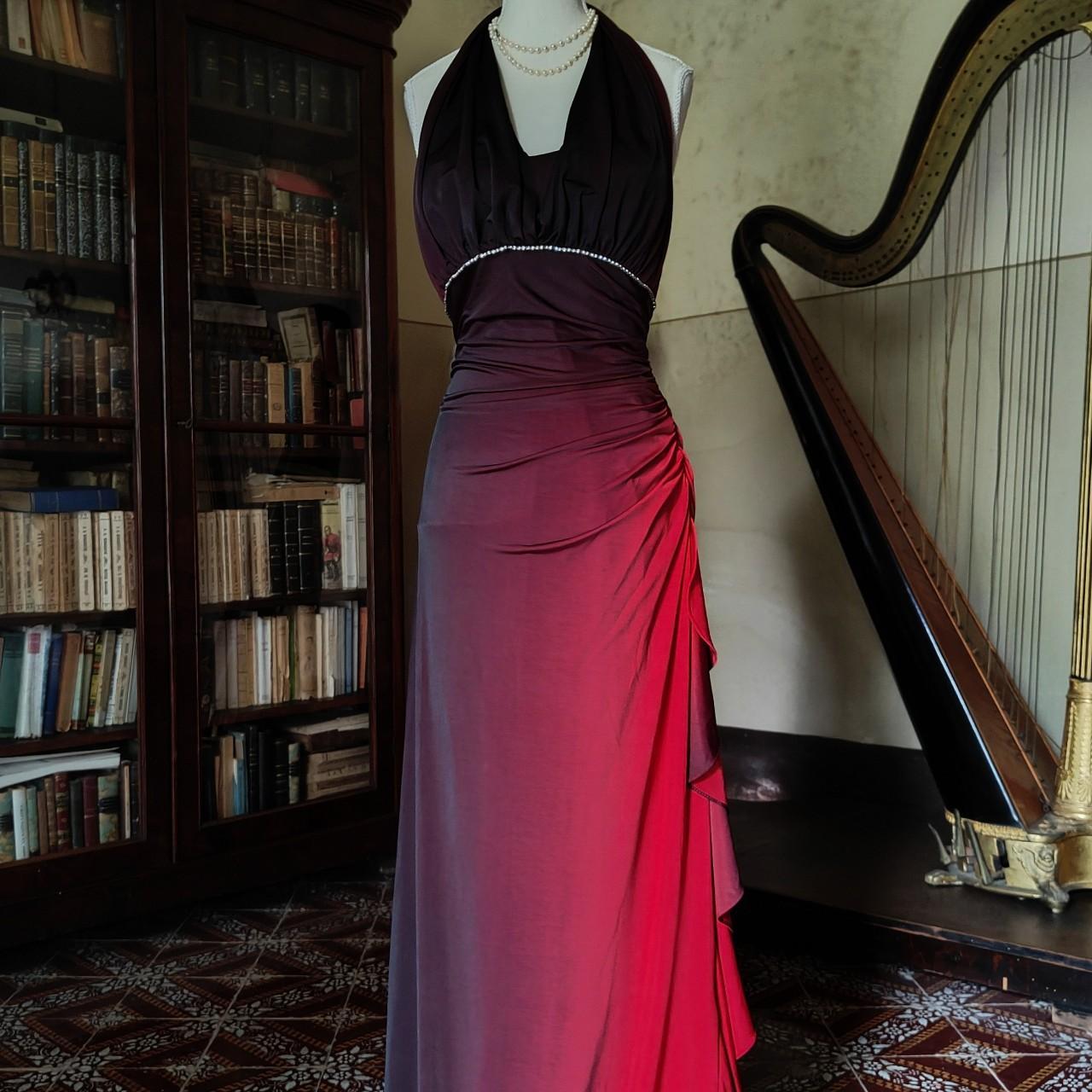 Girlhomeshops – Burgunderrot-Schwarz-Farbverlauf, Retro-Mode, langes Chiffon-Feenkleid, Ballkleid, GH5545