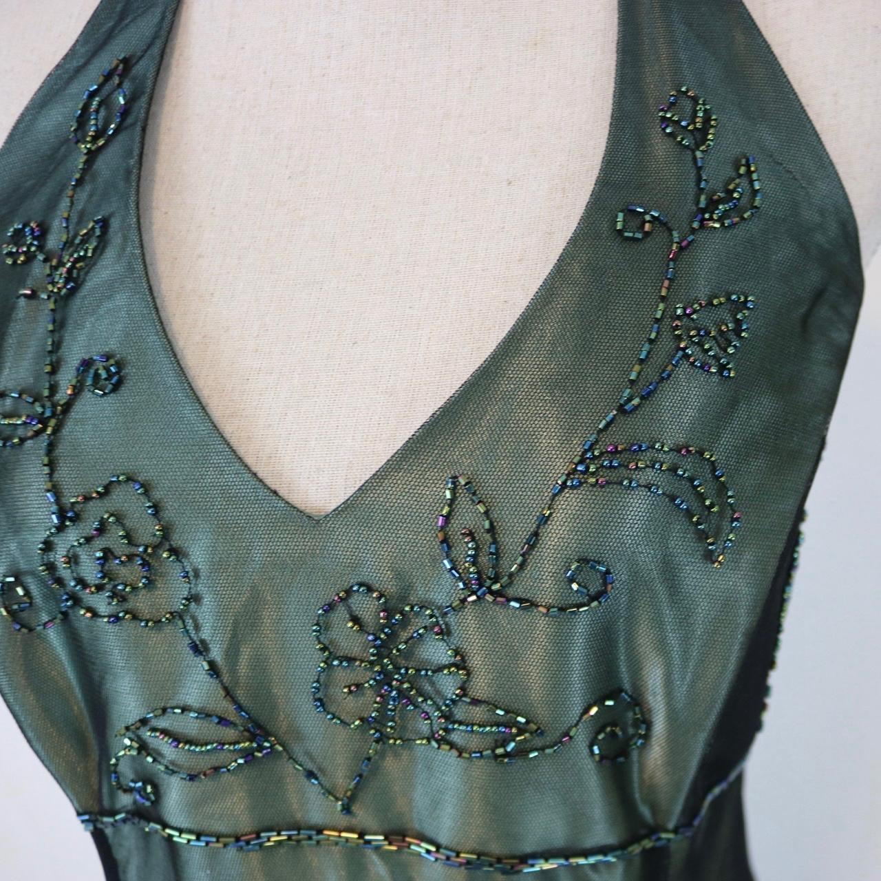 Grünes Vintage Ombre Blumen Perlen Empire Taille Neckholder Langes Chiffon Tüll Ballkleid Abendkleid Partykleid gh3606