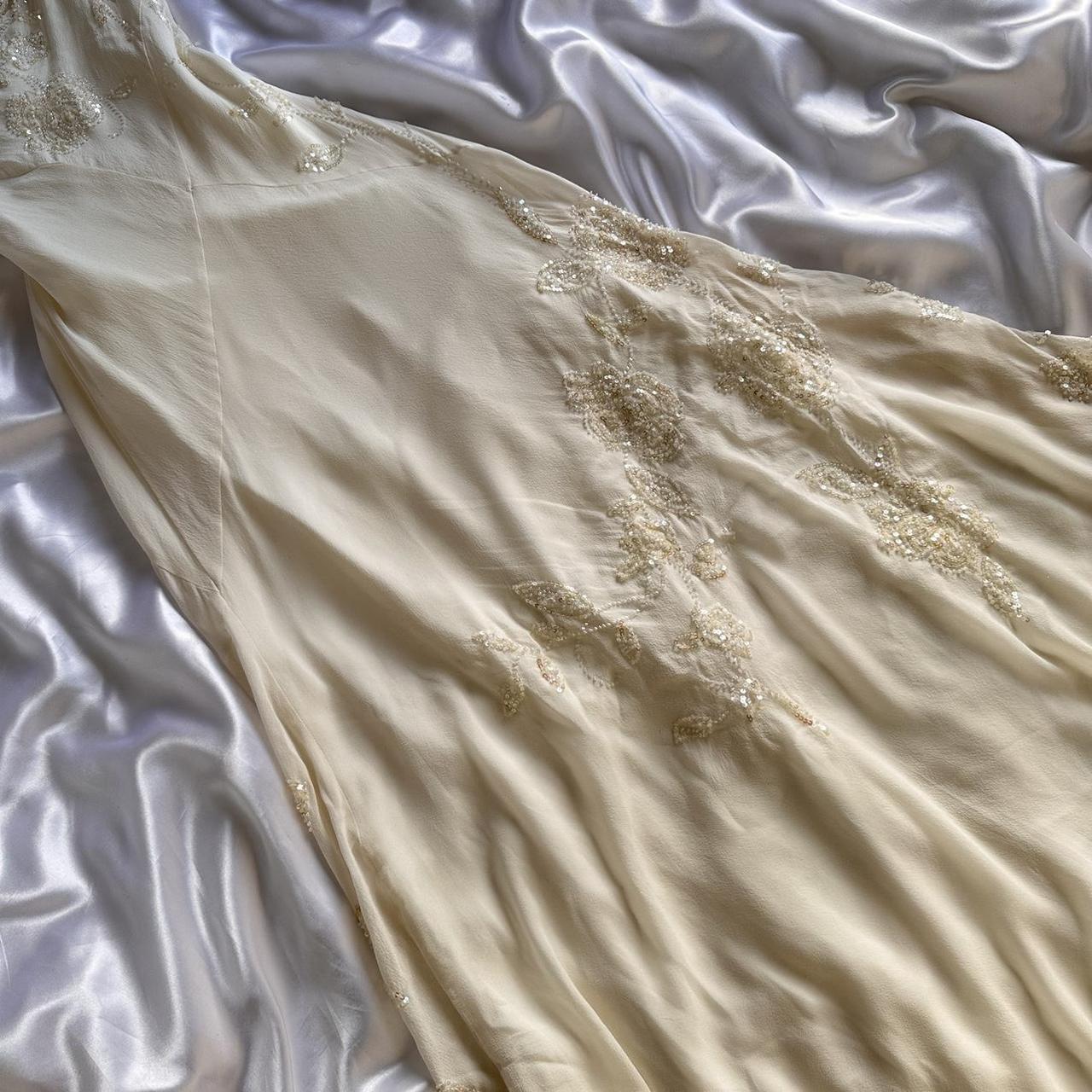 Elfenbein glänzendes, modisches, edles, hübsches, exquisites, perlenbesetztes, langes, bodenlanges Chiffon-Kleid, handgefertigt, individuell, Ballkleid, Abendkleid, Partykleid, Abschlussballkleid, gh3549