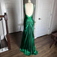 Robe de soirée moulante longue en satin vert brillant, style vintage, sexy, col en V, strass, dos nu, robe de bal formelle, gh3688
