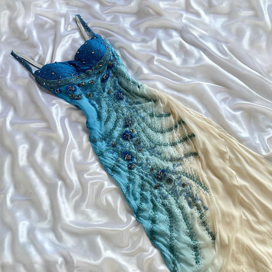 Blue gorgeous beautiful stylish unique elegant exquisite floral beading long chiffon ball gown evening dress party dress gh3562