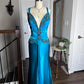 Blue Retro Fashion V-Neck Elegant Exquisite Beaded Floral Long Sexy Slim Spaghetti Strap Ball Gown Evening Gown Party Dress Prom Gown gh3680
