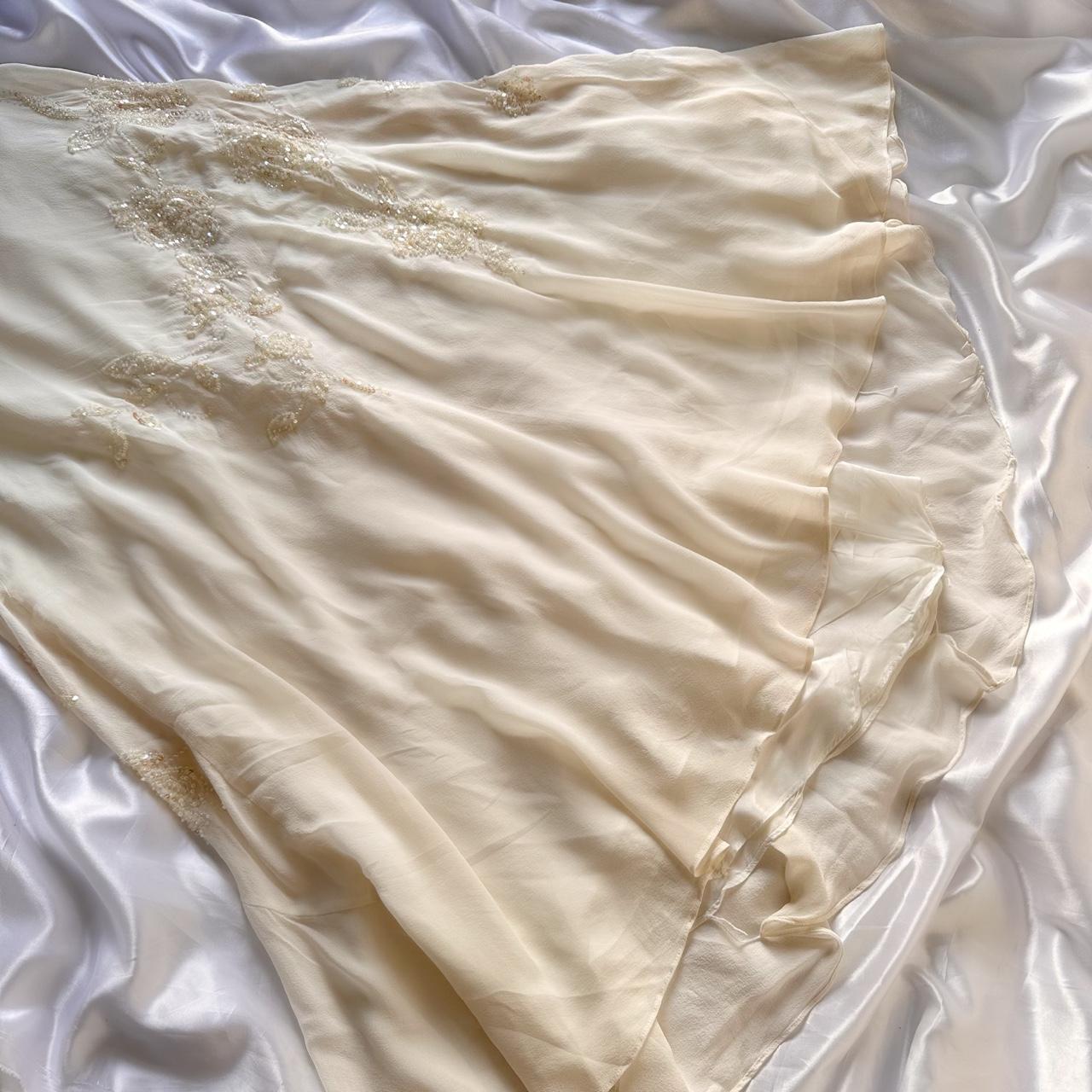 Elfenbein glänzendes, modisches, edles, hübsches, exquisites, perlenbesetztes, langes, bodenlanges Chiffon-Kleid, handgefertigt, individuell, Ballkleid, Abendkleid, Partykleid, Abschlussballkleid, gh3549