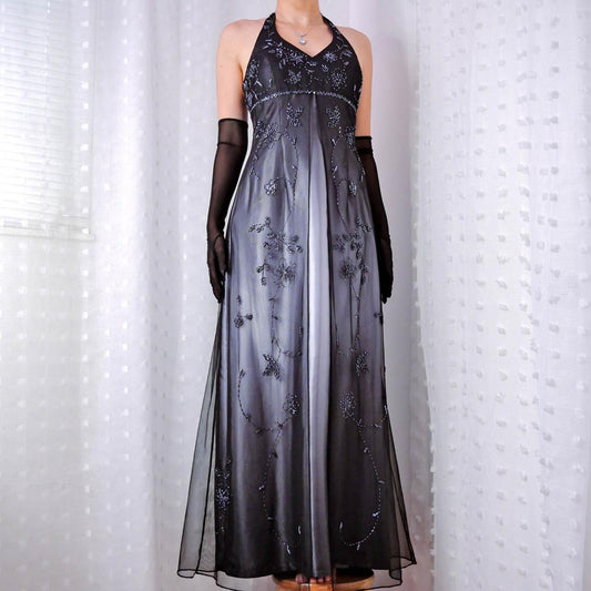 Schwarz und grau retro mode farbverlauf perlen floral neckholder gothic elegante lange Tüll ballkleid abendkleid partykleid gh3665