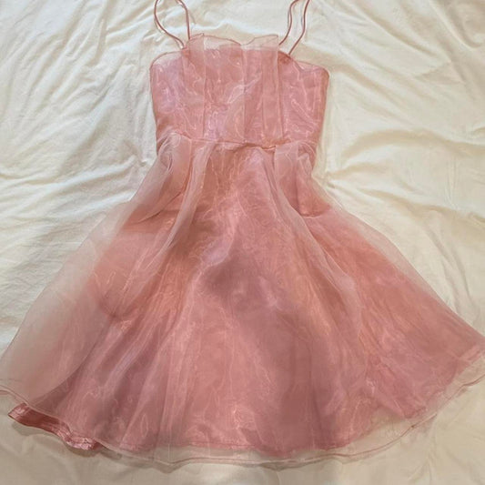 Robe de soirée courte en satin et tulle, élégante et mignonne, rose, à bretelles spaghetti, robe de bal, robe de soirée, gh4177
