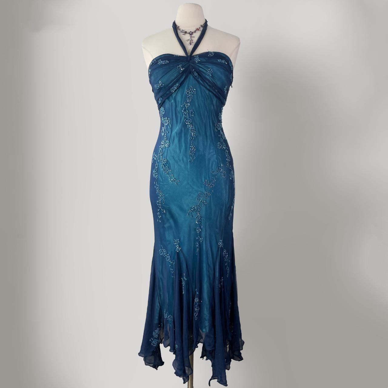 Dunkelblaues Meerjungfrau-Kleid mit Perlen, lang, Chiffon, formelles Abschlussball-Abendkleid, Hochzeitsgast-Partykleid, griechisches Neckholder-Kleid, gh3617b