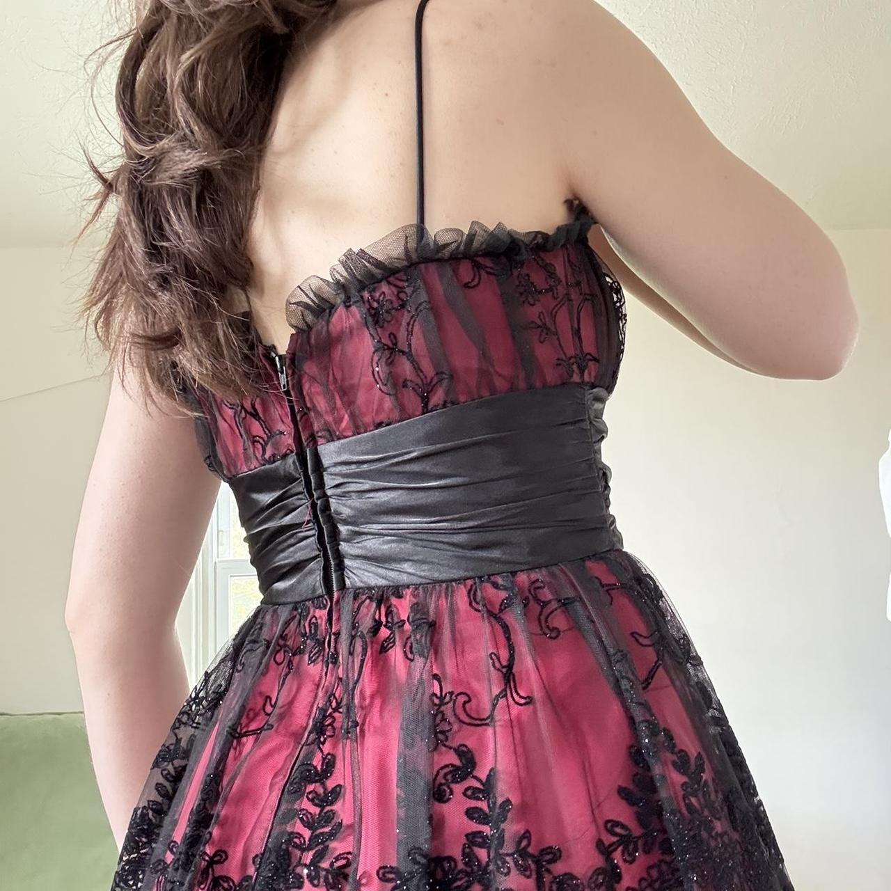 Dunkelrot Schwarz Y2K Gothic Floral Pailletten Tüll Satin Komfort Kurzes Mini Homecoming Kleid Partykleid gh4741