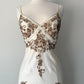 Ivory White Gorgeous Vintage Delicate Gold Brown Beaded Spaghetti Straps Fairy Long Chiffon Ball Gown Evening Gown Party Gown Wedding Guest Gown Homecoming Gown Graduation Gown Prom Gown gh3980