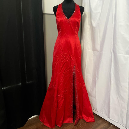 Kirschrotes Vintage-Kleid mit exquisiter Perlenverzierung, wunderschön leuchtend, sexy, rückenfrei, lang, Satin, Schlitz, formelles Ballkleid, Abendkleid, Hochzeitsgastkleid, Geburtstagspartykleid, gh3630