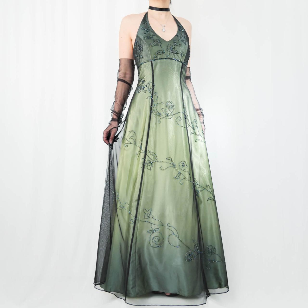 Grünes Vintage Ombre Blumen Perlen Empire Taille Neckholder Langes Chiffon Tüll Ballkleid Abendkleid Partykleid gh3606