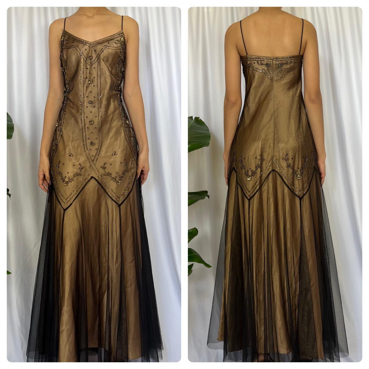 Robe de soirée longue en mousseline de soie, satin et tulle, élégante et raffinée, style vintage, marron doré, avec perles, gh3723