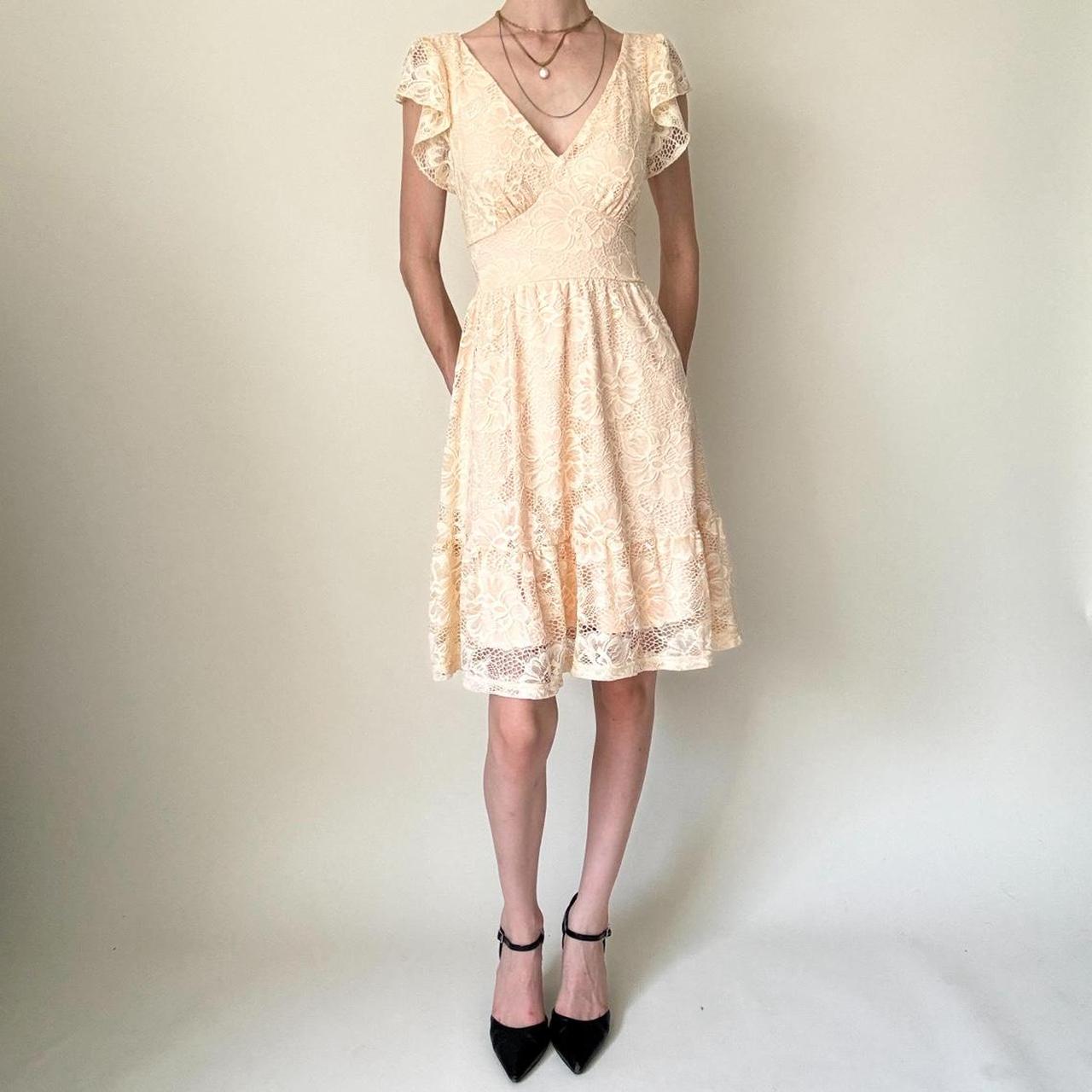 Robe de soirée crème/jaune en dentelle, style baby doll, à volants, dos nu, été gh4595
