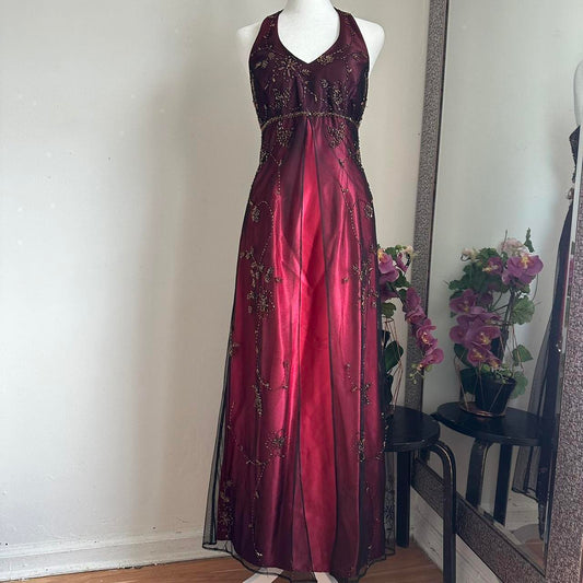 Burgunderrot, wunderschön, exquisite Perlenverzierung, elegantes Trägerkleid mit langem Satin-Tüll, Ballkleid, Abendkleid, Partykleid gh3439