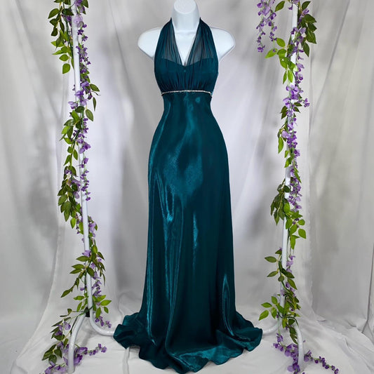 Grünes, modisches, elegantes V-Ausschnitt-Neckholder-rückenfreies Schnürkleid aus langem Satin, bodenlang, Ballkleid, Abendkleid, Partykleid gh3581