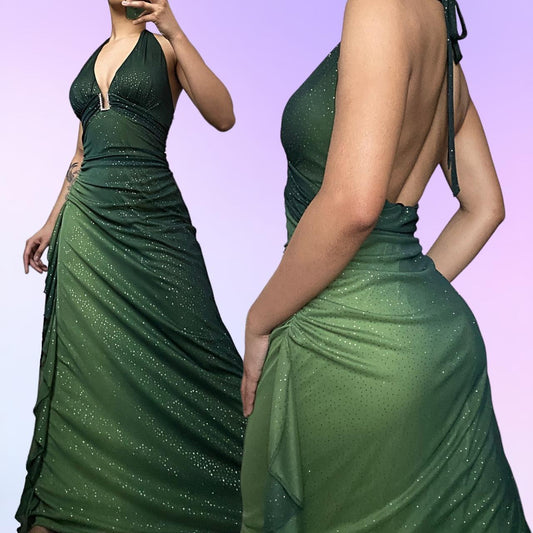 🍃✨Green stunning beautiful flowing retro gradient shiny V-neck long chiffon ball gown evening dress party dress gh4674