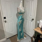Mintgrünes langes Satin-Ballkleid mit Spitzenapplikation, Abendkleid, Abschlusskleid gh4565