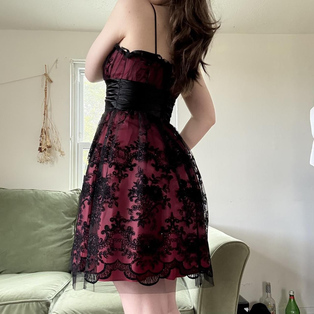 Dunkelrot Schwarz Y2K Gothic Floral Pailletten Tüll Satin Komfort Kurzes Mini Homecoming Kleid Partykleid gh4741