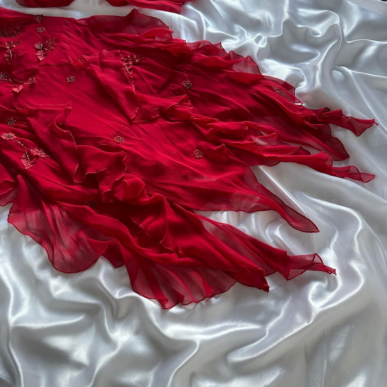 Robe de soirée en mousseline de soie rouge magnifique, élégante, jolie et exquise, longue, perlée, à volants, faite à la main, personnalisée, robe de bal, gh3548