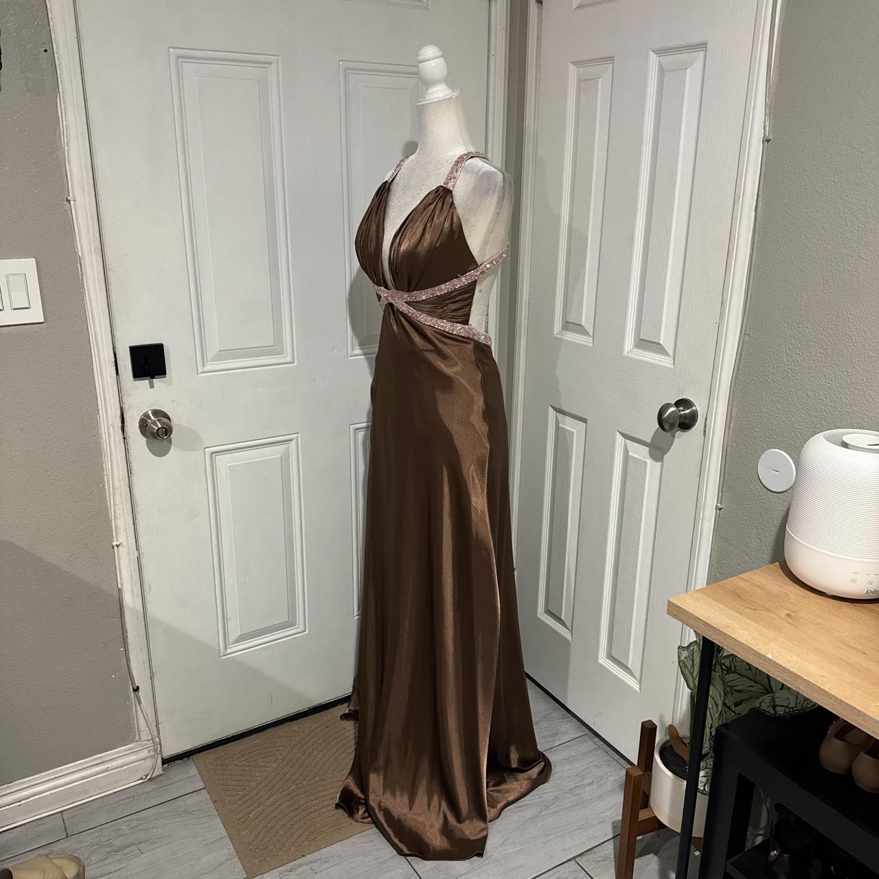 Brown Beaded Elegant Long Satin V Neck Ball Gown Evening Dress Party Dress gh4568