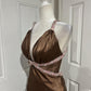 Brown Beaded Elegant Long Satin V Neck Ball Gown Evening Dress Party Dress gh4568