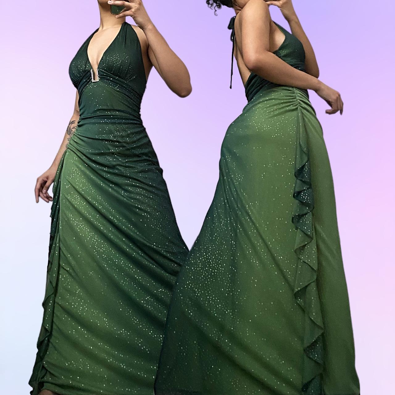 🍃✨Green stunning beautiful flowing retro gradient shiny V-neck long chiffon ball gown evening dress party dress gh4674