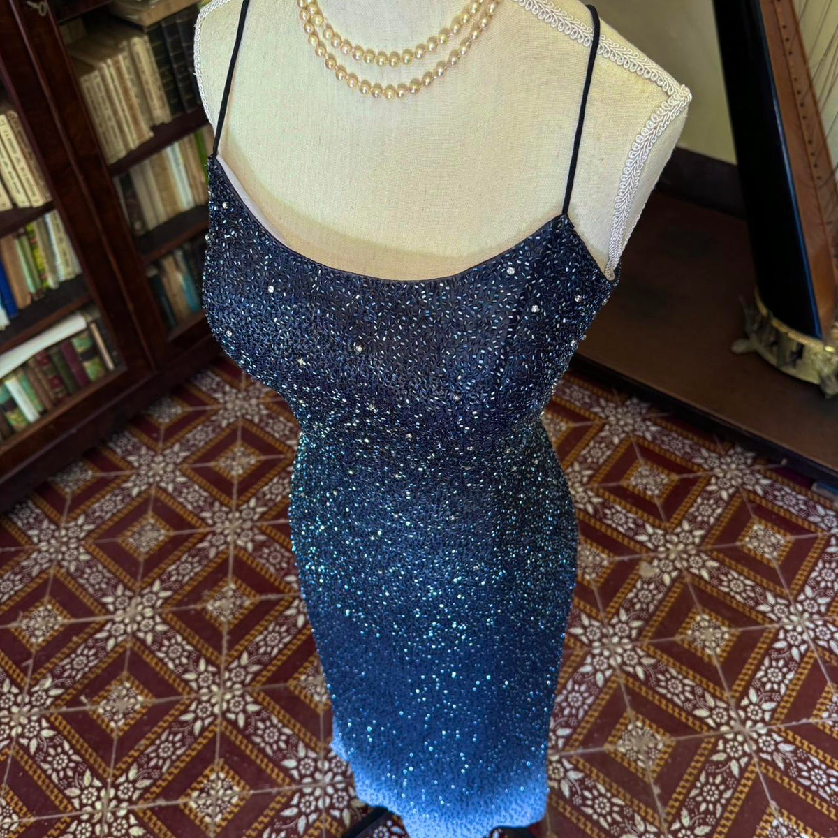 Girlhomeshops--Vintage blue grey gradient beaded sequined long chiffon prom dress gh5540