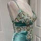 Mintgrünes langes Satin-Ballkleid mit Spitzenapplikation, Abendkleid, Abschlusskleid gh4565