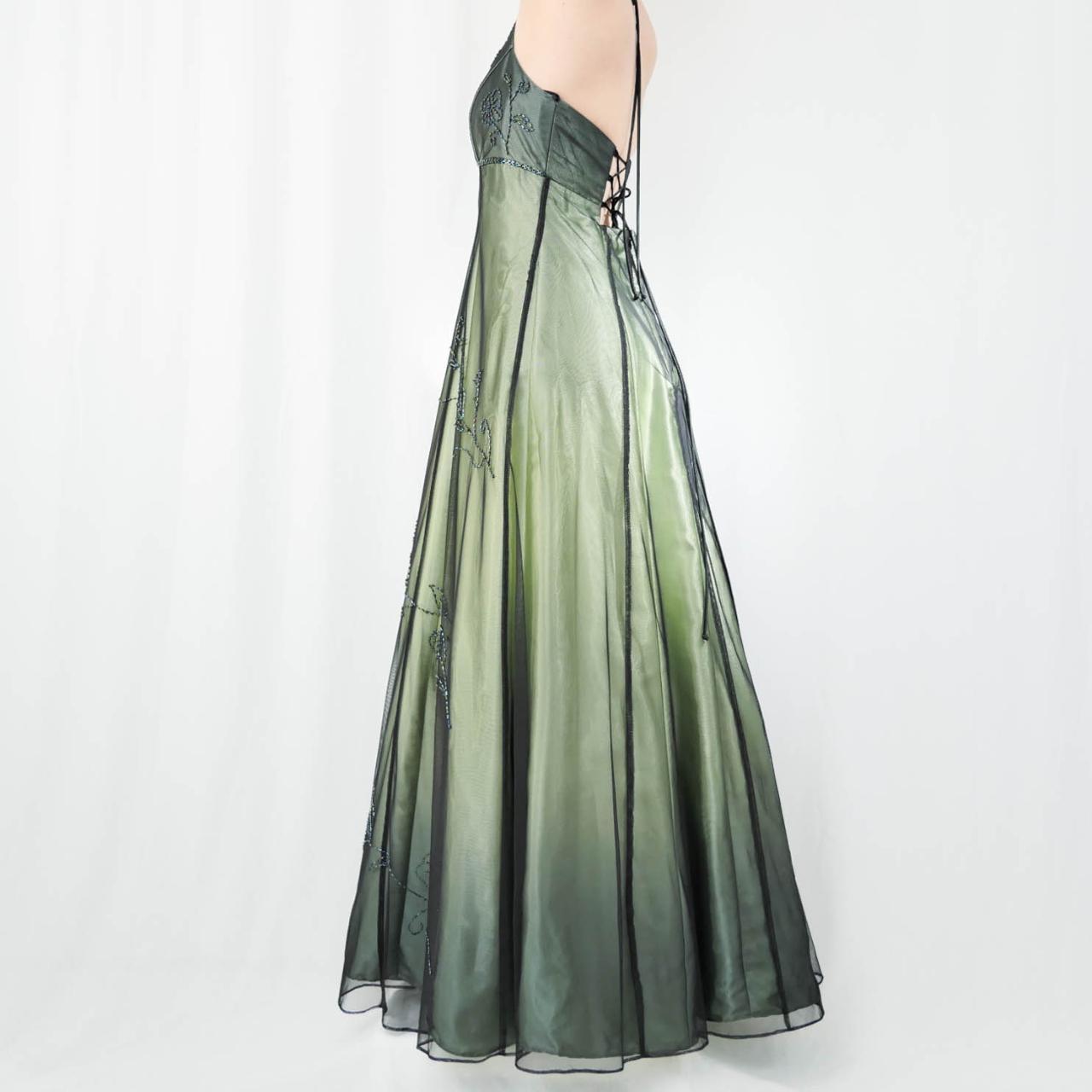 Grünes Vintage Ombre Blumen Perlen Empire Taille Neckholder Langes Chiffon Tüll Ballkleid Abendkleid Partykleid gh3606
