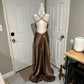 Brown Beaded Elegant Long Satin V Neck Ball Gown Evening Dress Party Dress gh4568
