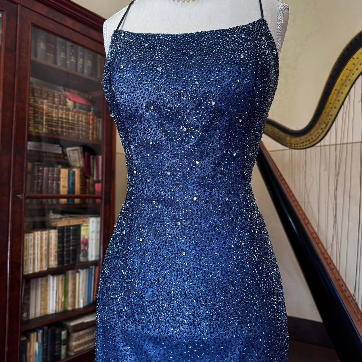 Girlhomeshops--Vintage blue grey gradient beaded sequined long chiffon prom dress gh5540