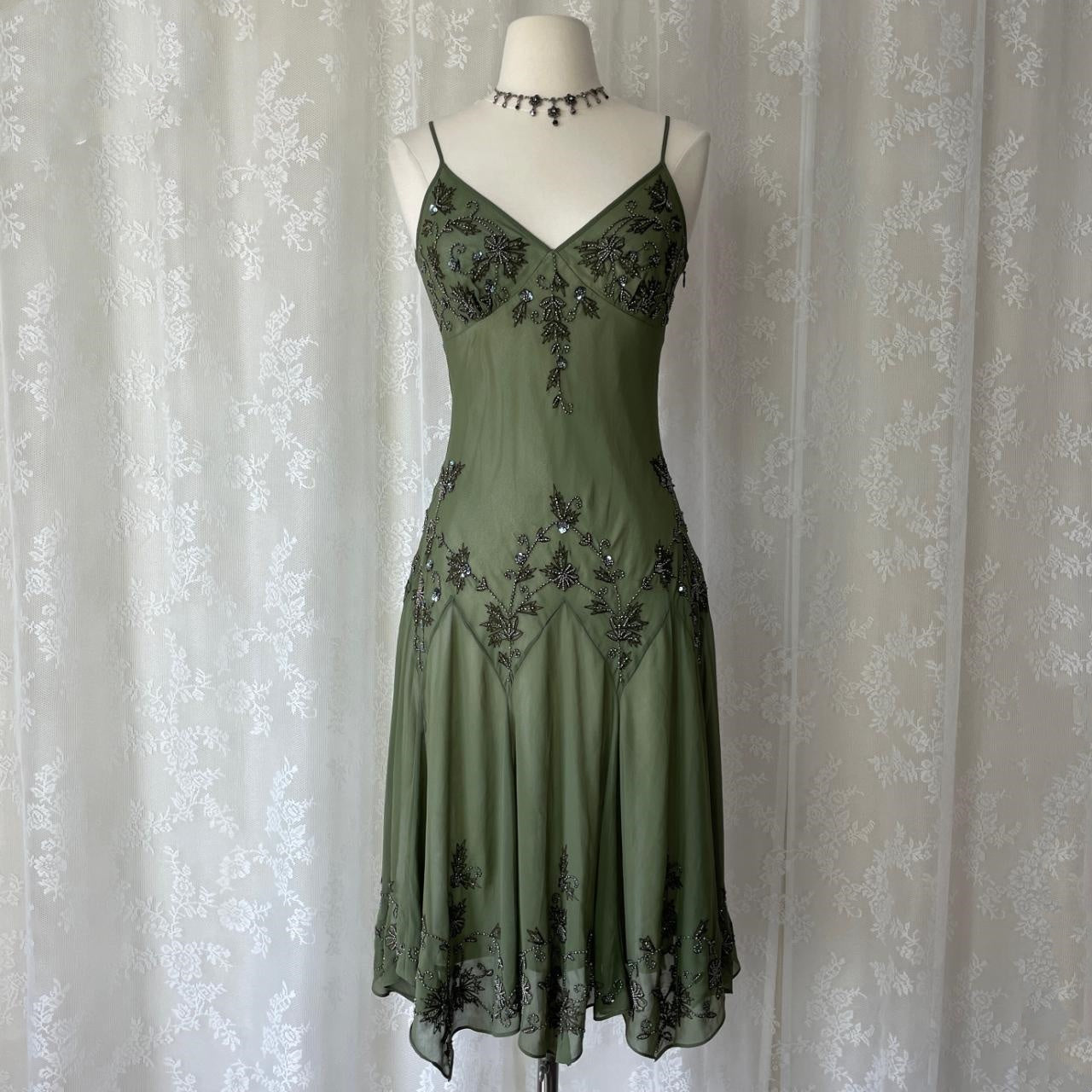 Olivgrünes, perlenbesetztes Ballkleid aus Chiffon mit hübschem Blumenmuster, Midi-/Kurzkleid für die Heimkehr, Verabredungskleid, Partykleid, gh4618