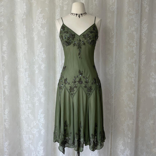 Olivgrünes, perlenbesetztes Ballkleid aus Chiffon mit hübschem Blumenmuster, Midi-/Kurzkleid für die Heimkehr, Verabredungskleid, Partykleid, gh4618