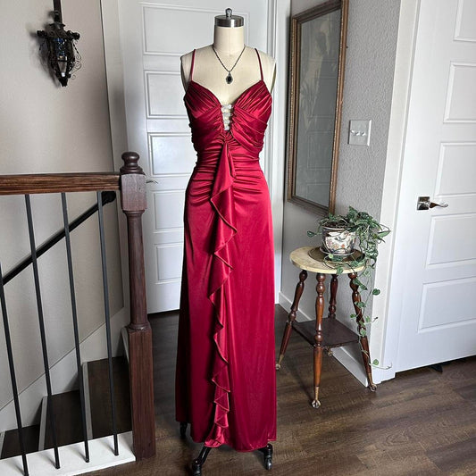 Rot Retro Mode Elegant Exquisite Strass Lange Slim Fit Rüschen Spaghetti-Trägern Ballkleid Abendkleid Partykleid Ballkleid gh3679