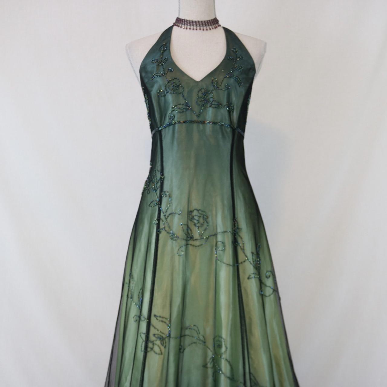 Grünes Vintage Ombre Blumen Perlen Empire Taille Neckholder Langes Chiffon Tüll Ballkleid Abendkleid Partykleid gh3606