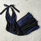 Combinaison bleu marine foncé et noire, dos nu, lacets, robe de soirée courte/mi-longue en satin pour femme, gh4122