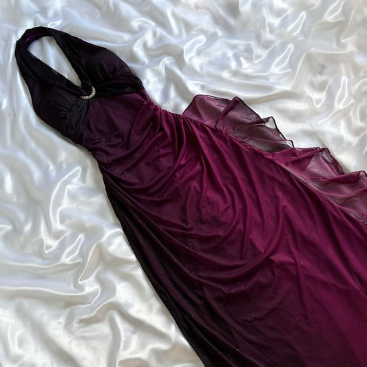 Charmantes tiefviolettes glänzendes, modisches, elegantes Trägerkleid aus langem Chiffon, Abendkleid, Partykleid gh3593