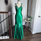 Robe de soirée moulante longue en satin vert brillant, style vintage, sexy, col en V, strass, dos nu, robe de bal formelle, gh3688