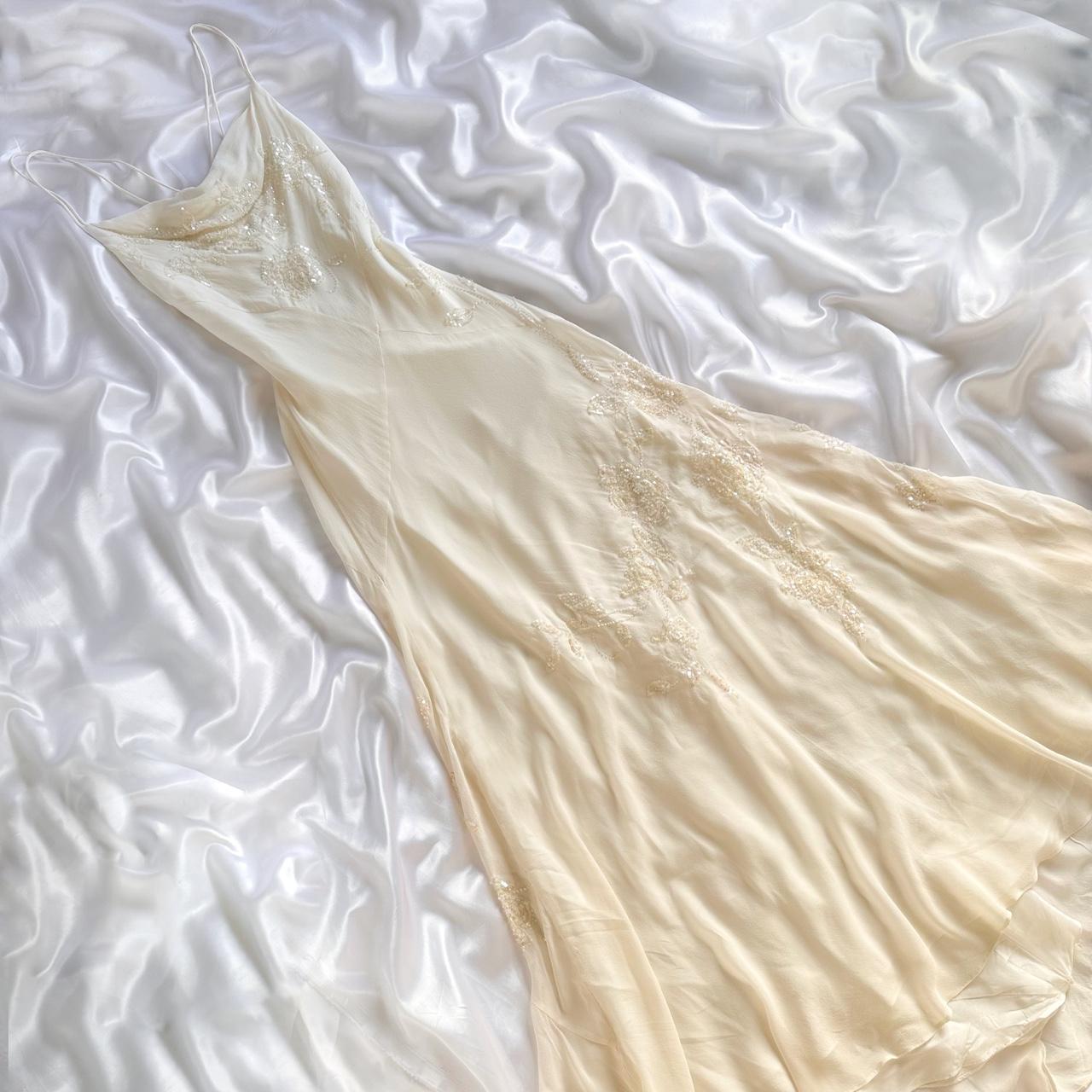 Elfenbein glänzendes, modisches, edles, hübsches, exquisites, perlenbesetztes, langes, bodenlanges Chiffon-Kleid, handgefertigt, individuell, Ballkleid, Abendkleid, Partykleid, Abschlussballkleid, gh3549