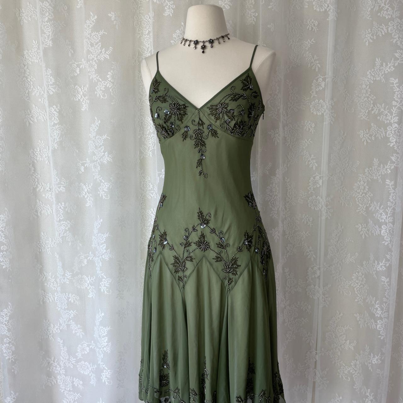 Olivgrünes, perlenbesetztes Ballkleid aus Chiffon mit hübschem Blumenmuster, Midi-/Kurzkleid für die Heimkehr, Verabredungskleid, Partykleid, gh4618