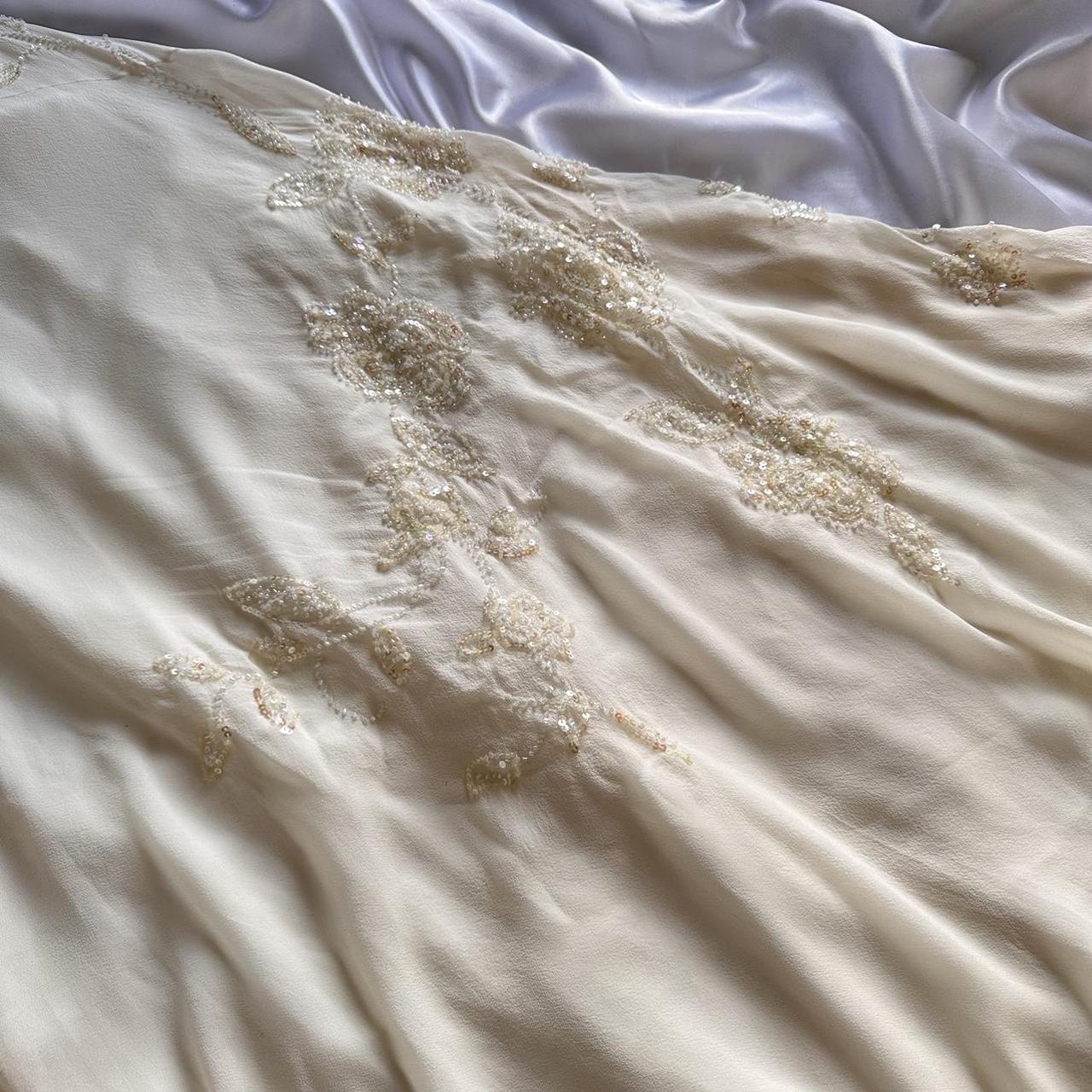 Elfenbein glänzendes, modisches, edles, hübsches, exquisites, perlenbesetztes, langes, bodenlanges Chiffon-Kleid, handgefertigt, individuell, Ballkleid, Abendkleid, Partykleid, Abschlussballkleid, gh3549