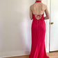 Vintage Fashion Playful and Sexy Bright Pink Deep V Delicate Floral Beaded Halter Long Satin Tulle Fairy Ball Gown Square Neck Prom Dress Evening Gown Birthday Party Dress gh3958