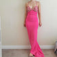 Rosa Mode Elegant V-Ausschnitt Exquisite Perlen Spaghetti Strap Rückenfrei Schnürung Langes Satin Ballkleid Abendkleid Partykleid gh3580
