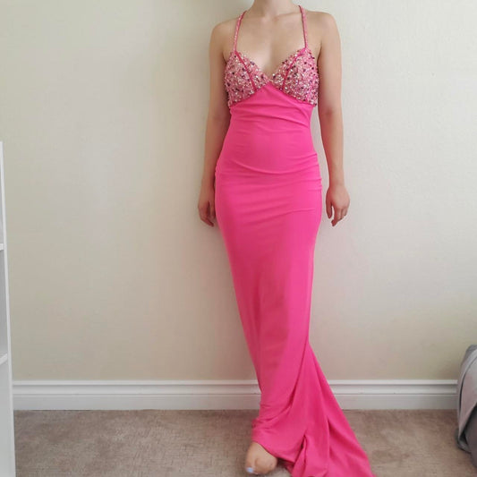 Rosa Mode Elegant V-Ausschnitt Exquisite Perlen Spaghetti Strap Rückenfrei Schnürung Langes Satin Ballkleid Abendkleid Partykleid gh3580