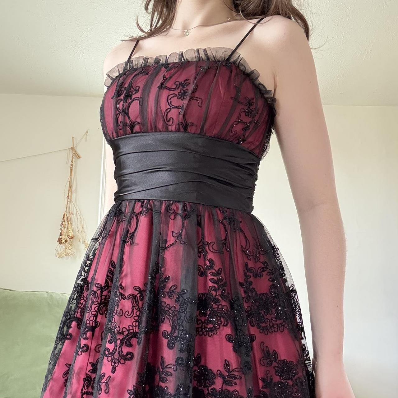 Dunkelrot Schwarz Y2K Gothic Floral Pailletten Tüll Satin Komfort Kurzes Mini Homecoming Kleid Partykleid gh4741