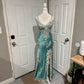 Mintgrünes langes Satin-Ballkleid mit Spitzenapplikation, Abendkleid, Abschlusskleid gh4565