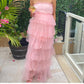 Rosa mode süße A-linie trägerlosen lange elegante layered tüll ballkleid abendkleid party kleid gh2818