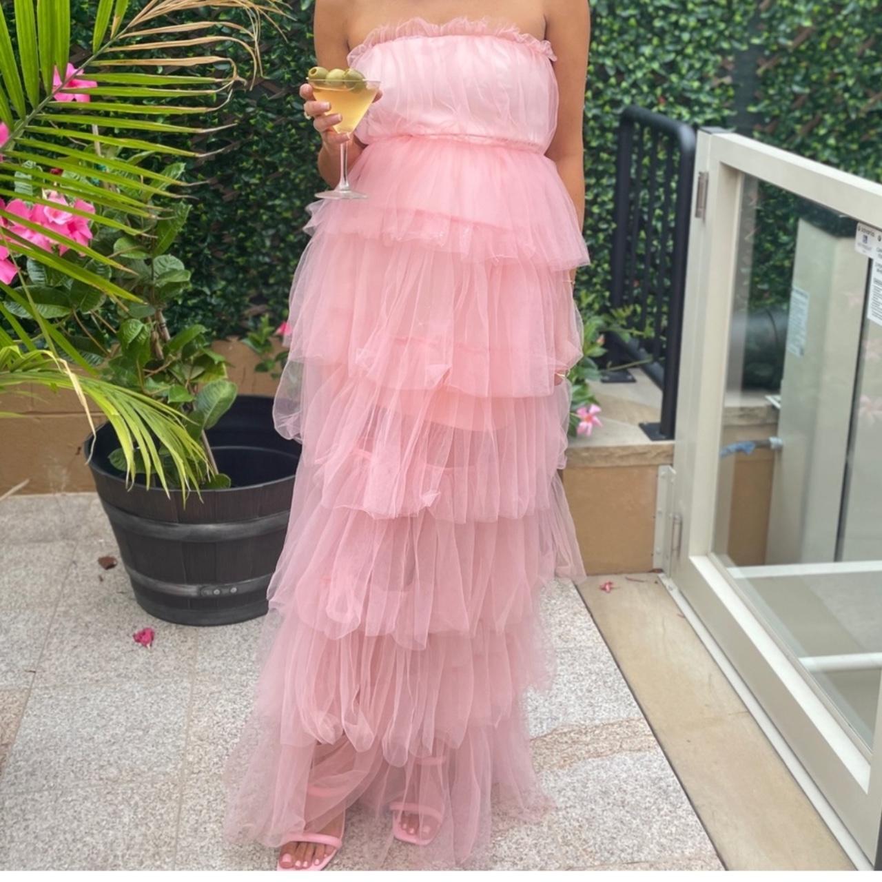 Rosa mode süße A-linie trägerlosen lange elegante layered tüll ballkleid abendkleid party kleid gh2818