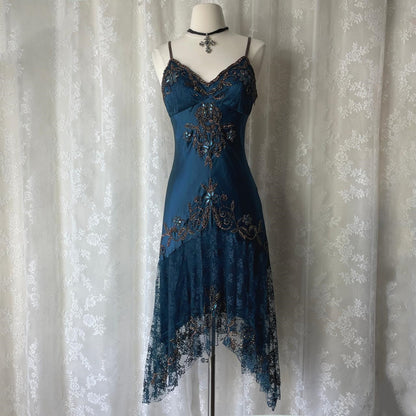 Dark Blue Ethereal Fairy Gothic Mermaid Prom Dress Pretty Floral Beaded Sequin Midi/Short Homecoming Dress Date Dress Party Dress gh4617
